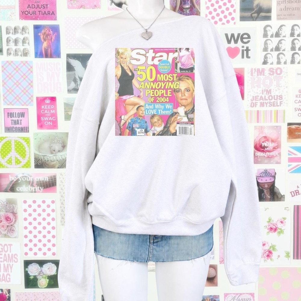white 2004 magazine graphic sweatshirt y2k
